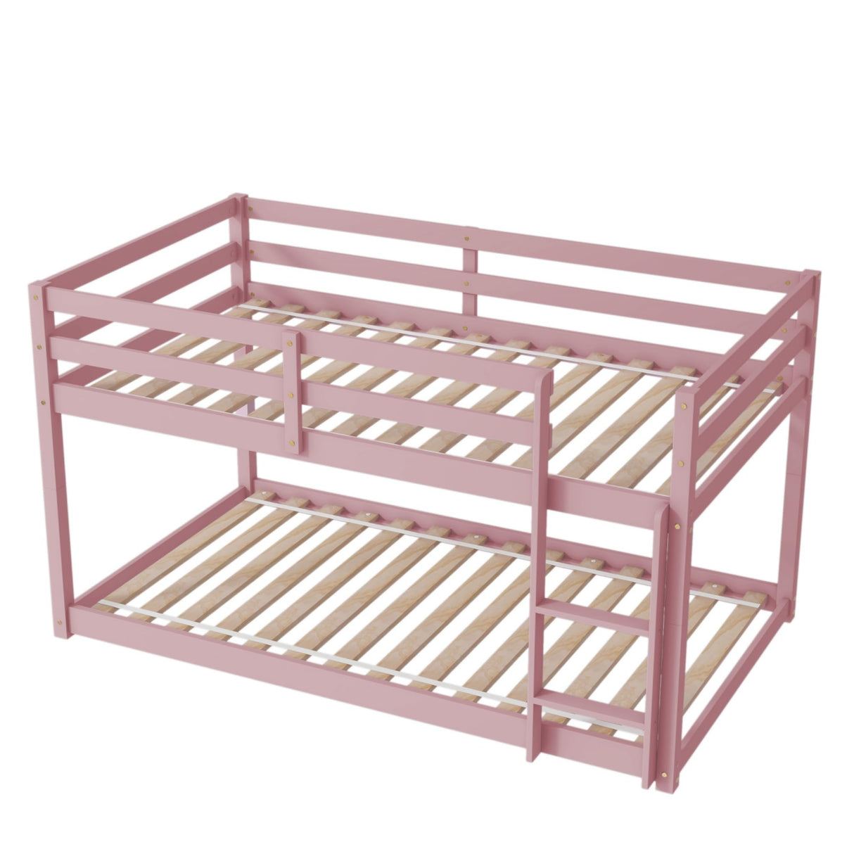 jurmiture Bunk Bed Twin Over Twin, Twin Low Bunk Bed, Floor Bunkbeds with Ladder for Teen Kids Girls Boys, Pink jurmiture