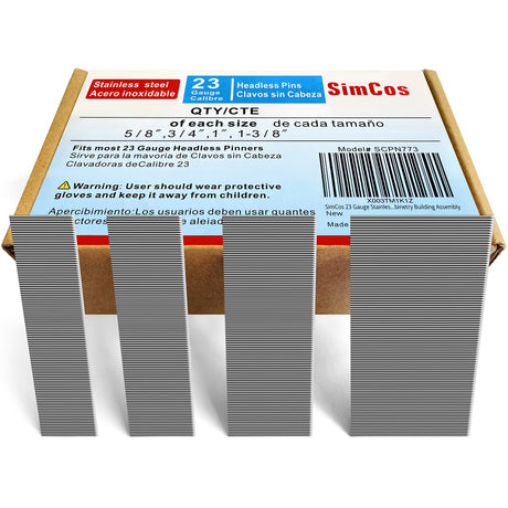 SimCos 23 Gauge Stainless Steel Pinner Nails (5/8",3/4",1",1-3/8") assorted 4 sizes' Headless Pin Nails for 23 GA Pneumatic or Electric Pin nailer or pin nail gun,Project Pack (4000) SimCos