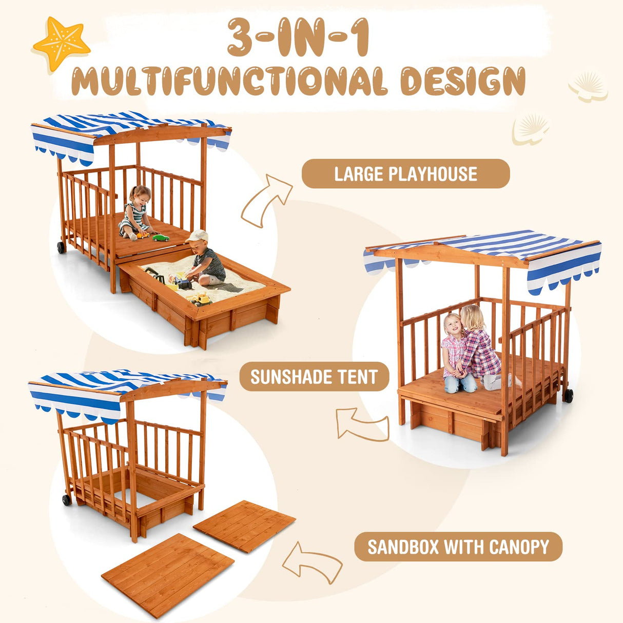 INFANS 3 in 1 Kids Sandbox with Canopy and Cover Rear Wheels Guardrails, Wooden Cedar Cabana Sandbox Playhouse for Outdoor Beach Backyard Lawn Garden Play Home Children Playset Sandpit INFANS