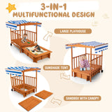 INFANS 3 in 1 Kids Sandbox with Canopy and Cover Rear Wheels Guardrails, Wooden Cedar Cabana Sandbox Playhouse for Outdoor Beach Backyard Lawn Garden Play Home Children Playset Sandpit INFANS