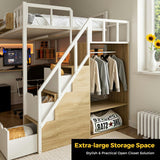 Kikihouse Twin Loft Bed with Desk, Storage Stairs & Wardrobe, Metal Loft Bed Frame w/Headboard, Bedside Shelf, Charging Station & 6 Drawers, LED Gaming Bed for Adult Space-Saving Kikihouse