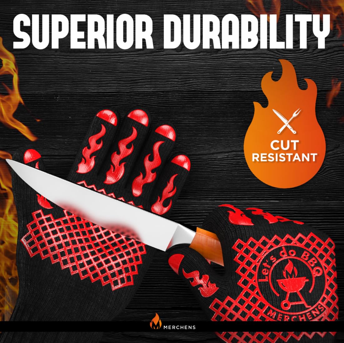 Pro-Series BBQ Gloves - Heat Resistant Grill, Grilling, and Oven Gloves for Culinary Experts - Extreme Fireproof Protection, Silicone Grip, Extra Long Mitts - Indoor & Outdoor - with Protective case M MERCHENS