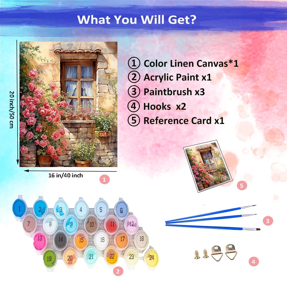 JUJUHOOD Windows Roses Paint by Numbers Kit for Adults,Flower Adult Paint by Number Kits,DIY Acrylic Paint by Number on Canvas for Home Wall Decor 16X20 Inch JUJUHOOD