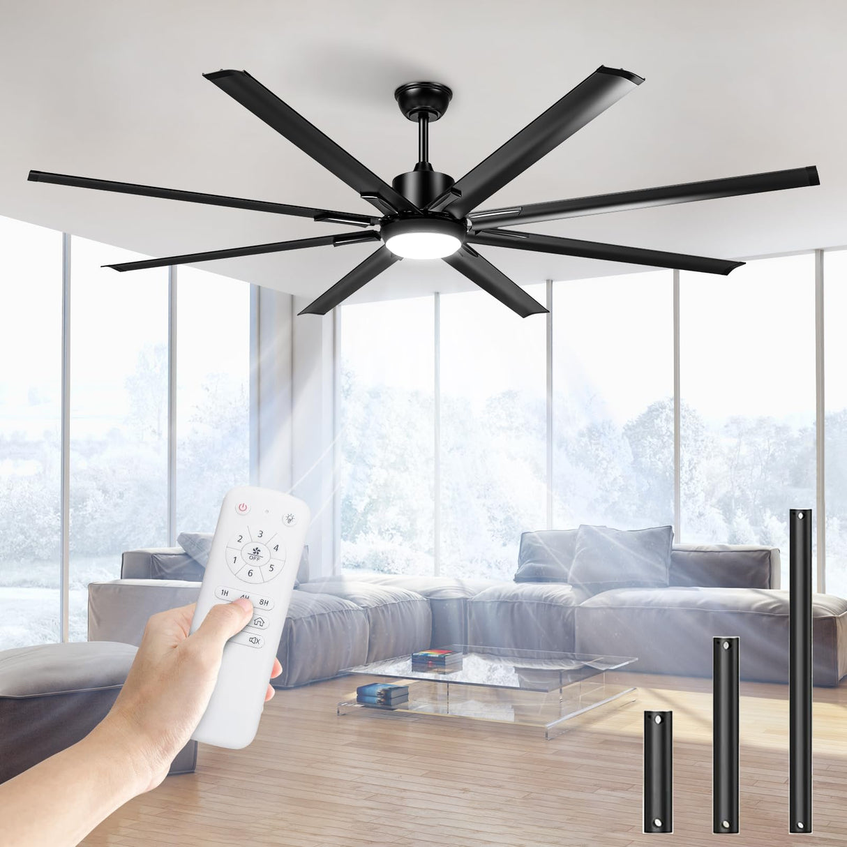 72 Inch Large Industrial Ceiling Fan with Light and Remote-8 Aluminium Blades Ceiling Fan with Energy Efficient DC Motor,Reversible Airflow-Ideal for Living Room,Patio,Garage,and Commercial Spaces Hisummer