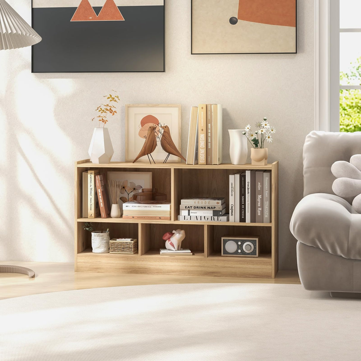 Multi-functional 5 Cube Open Shelf Bookcase with Natural Finish for Versatile Storage LOKO