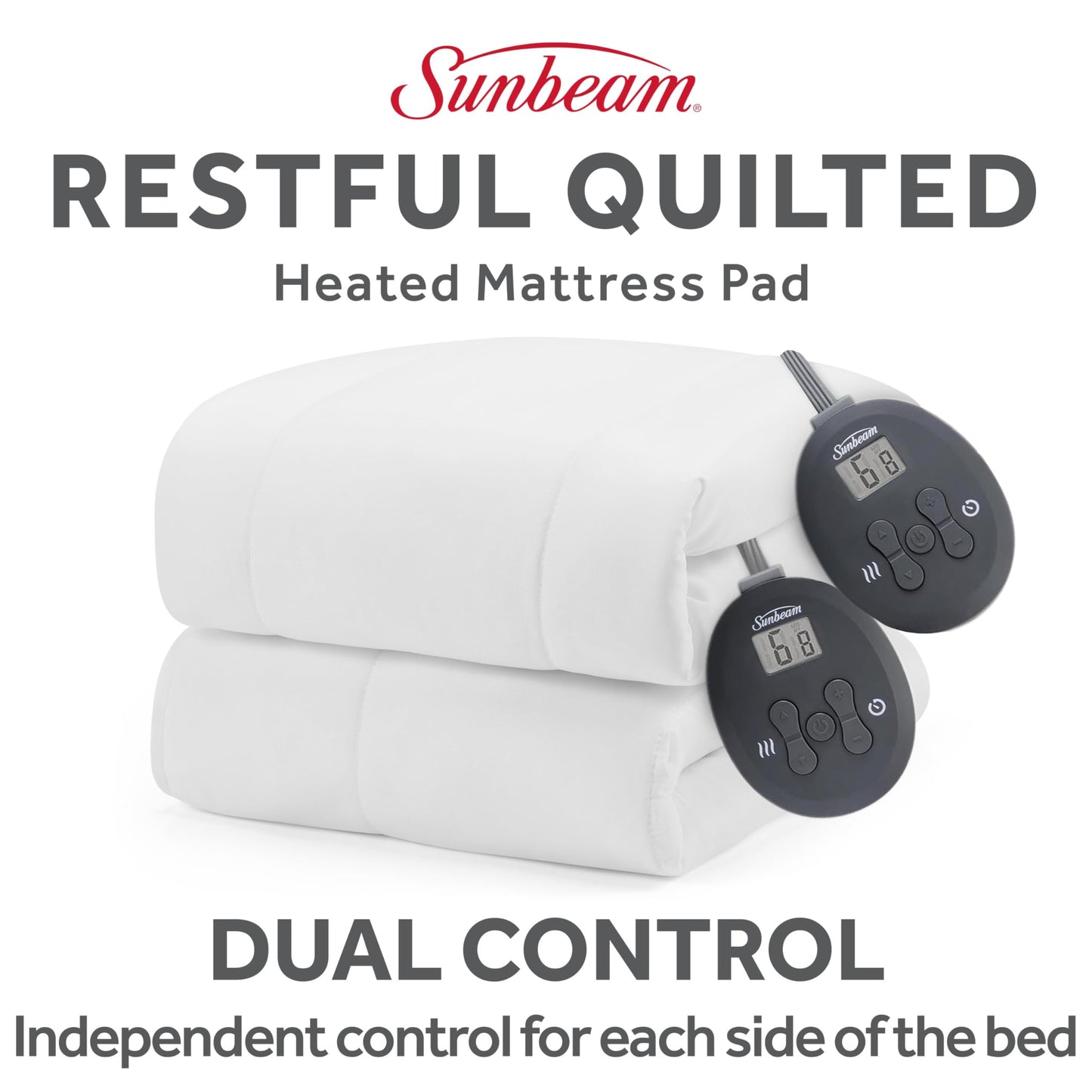 Sunbeam Restful Quilted Electric Heated Mattress Pad King Size, 76" x 80", Upgraded Memory Controller with 12 Heat Settings, 12-Hour Selectable Auto Shut-Off, Fast Heating, Machine Washable