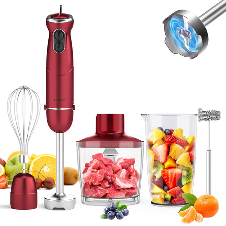 Immersion Blender 5 in 1 Hand Blender, Abuler 1000W Hand Mixer Stick,12 Speed Handheld Blender 304 Stainless Steel with 600ml Mixing Beaker, 500ml Chopper, Whisk and Milk Frother for Soup, Baby Food Abuler