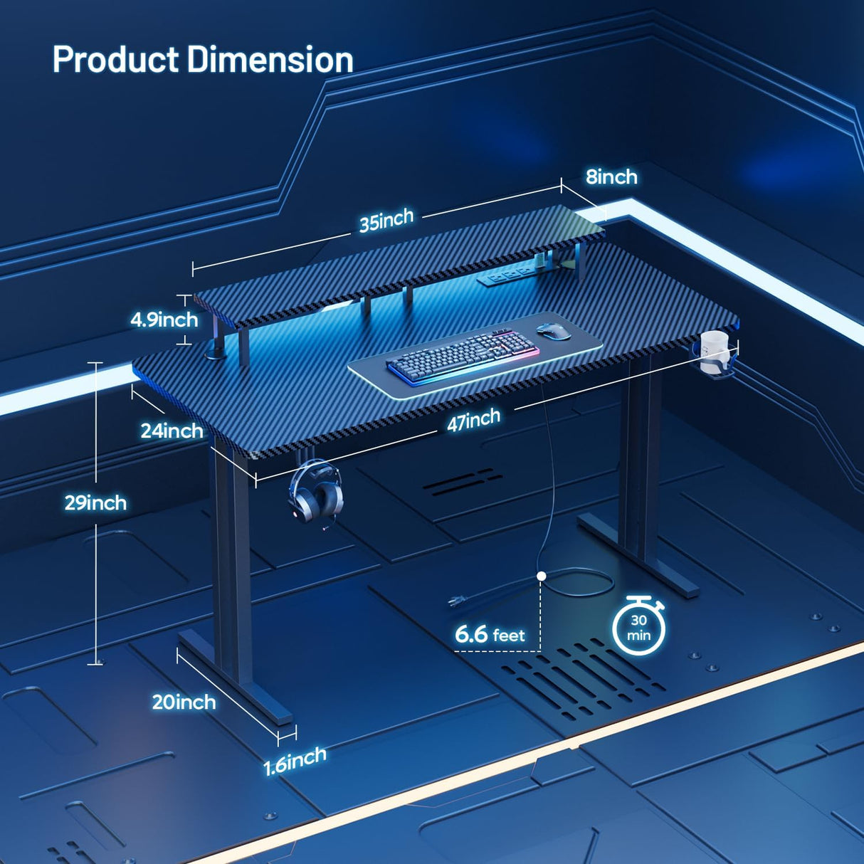 HLDIRECT 47 Inch Gaming Desk with LED Lights & Power Outlet, Computer Gamer Desk with Monitor Stand, Ergonomic Carbon Fiber Gaming Table Home Office Desk with Cup Holder, Headphone Hook & Mouse Pad HLDIRECT