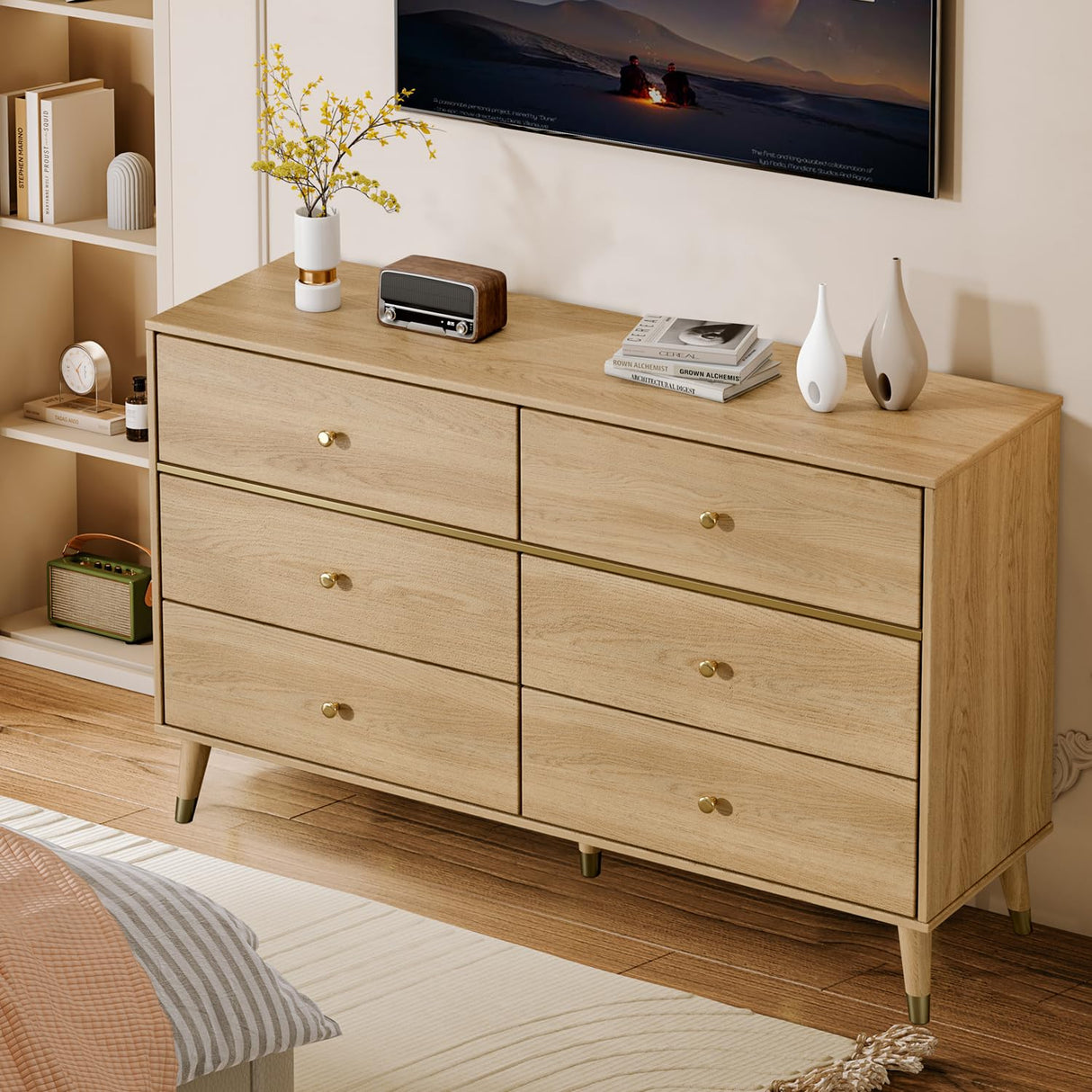 Chrangmay Dresser for Bedroom with 6 Drawers,47" Wide Modern Chest of Drawers with Metal Handle,Wooden Dresser TV Stand,Wood Closet Clothes Storage Organizer for Living Room,Hallway,Oak Chrangmay