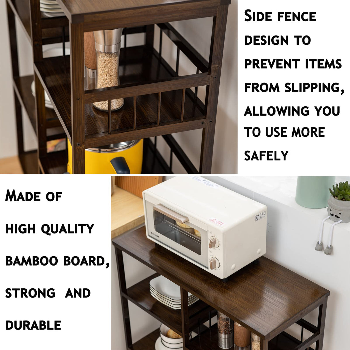 Bamboo Kitchen Baker’s Rack,4-Tier+4-Tier Coffee Bar, Microwave Oven Stand, Large Capacity Utility Storage Shelf Cart on Wheels for Home Kitchen, Living Room and Entrance, Accent (Dark Brown) SHUOXIANG