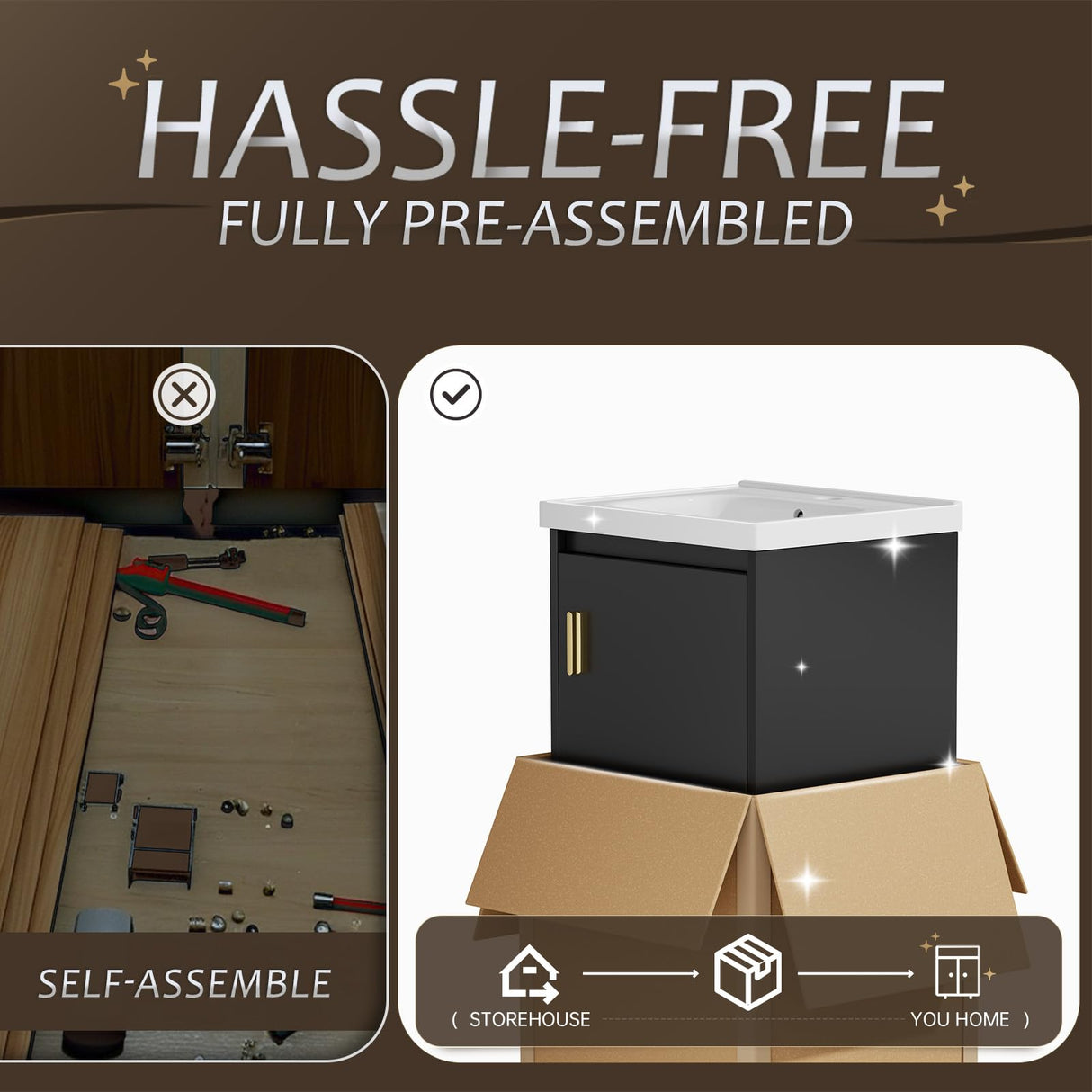 phiestina Pre-Assembled 16 Inch Black Floating Bathroom Vanity for Small Space, Wall-Mounted Small Cabinet with Single Hole Ceramic Sink,Soft-Close Door, No Faucet,BV04-16-PUREBLACK phiestina