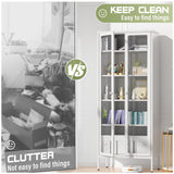 Crownland Modern Metal Display Cabinet with 4 Adjustable Shelves, White Glass Doors, 5 Tiers, Home Office, Living Room Crownland