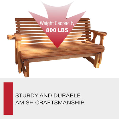 Amish Casual Heavy Duty 800 Lb Roll Back Pressure Treated Porch Glider with Cupholders (5 Foot, Cedar Stain) - WoodArtSupply