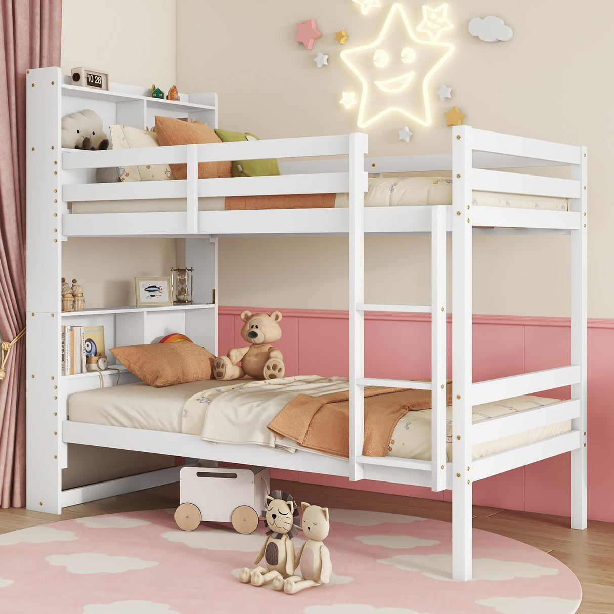 KEIKI Twin Over Twin Wooden Bunk Bed with Shelves, Ladder & Guardrails, Convertible Design for Boys, Girls, or Teens, No Box Spring Needed, White KEIKI
