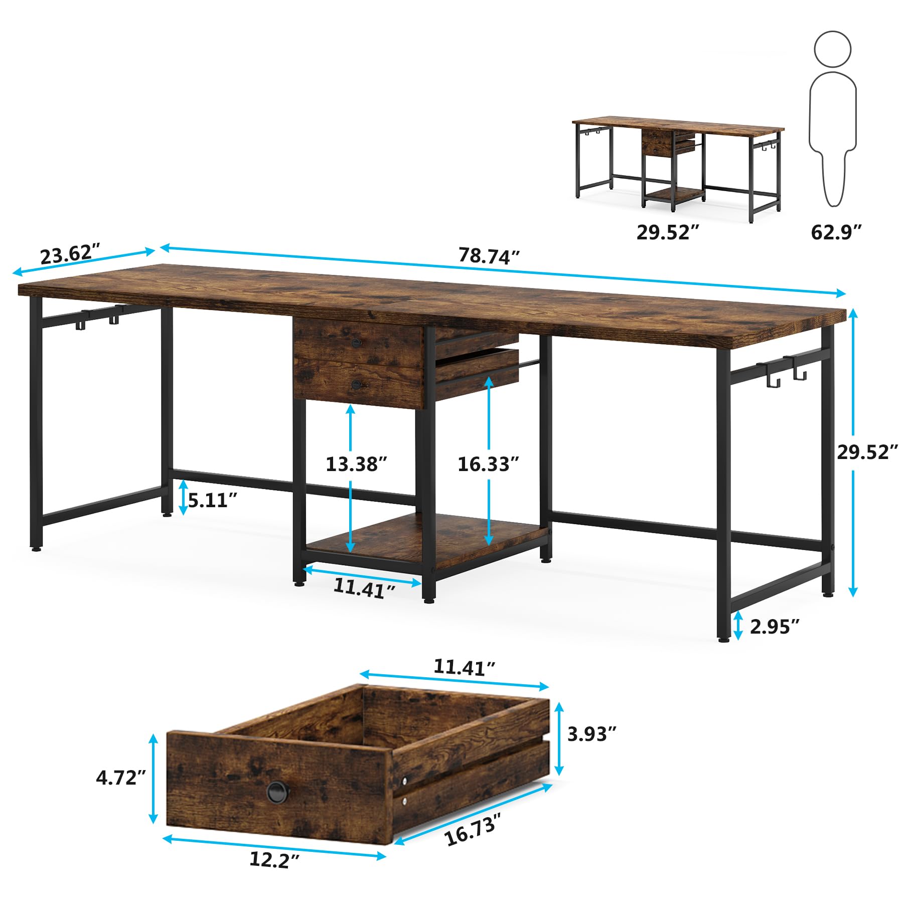 Tribesigns 78.74’’ Two Person Desk with 2 Drawers, Long Double Computer Desk Gaming Table with Shelves, Industrial Study Writing Table Workstation for Home Office, Rustic Brown - WoodArtSupply