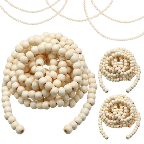 WILLBOND 3 Pieces 29.5 Feet Christmas Wooden Bead Garland Vintage Christmas Tree Bead Garland Round Bead Wreath for Christmas and Holiday Decorations (Beige) WILLBOND