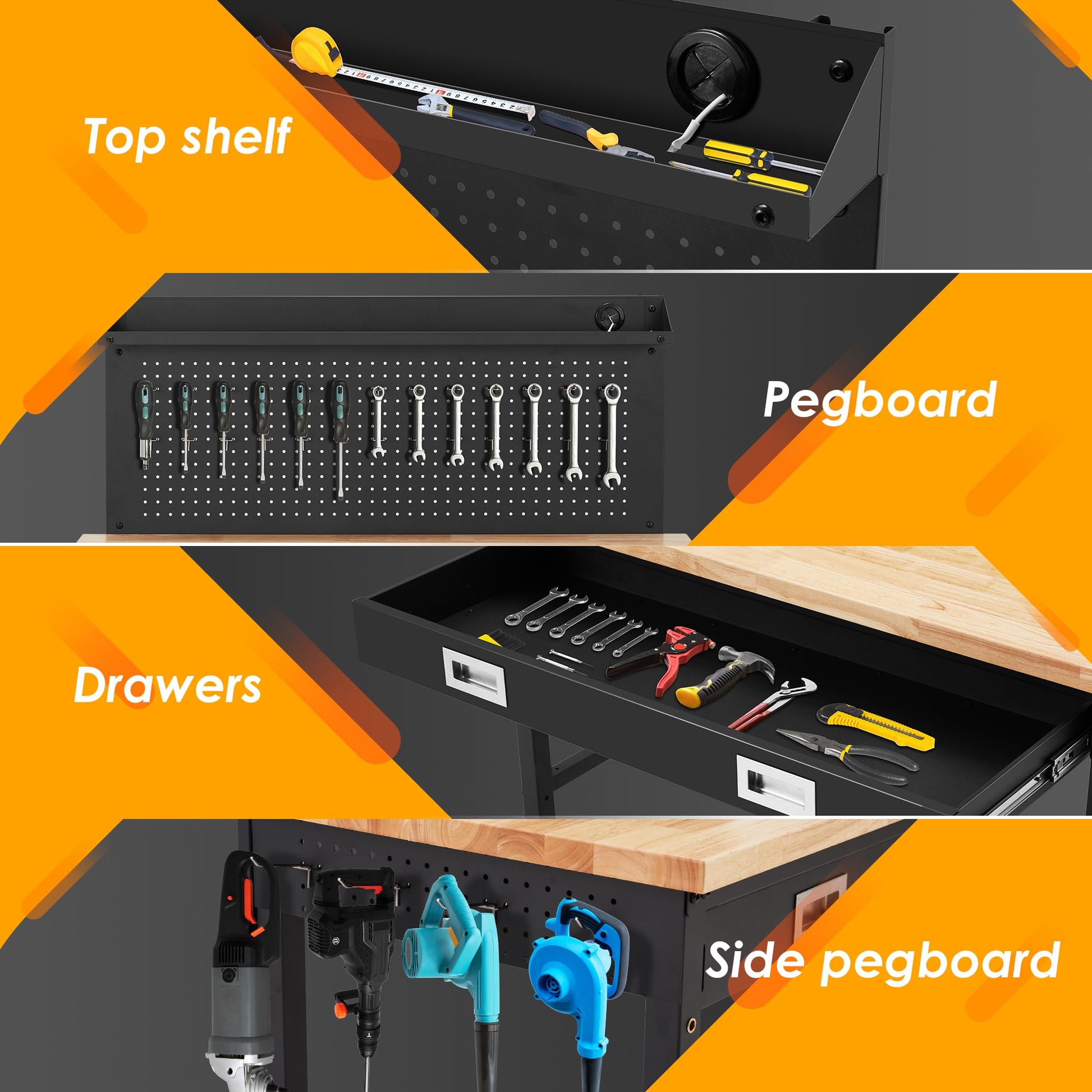 48 Inch Workbench with Storage, Metal Framed Hardwood Table Top Workbench for Garage with Drawers，2000 LBS Weight Capacity 49.5”-61" Adjustable Workbench with Pegboard Work Light 10ft Cable 2 - WoodArtSupply