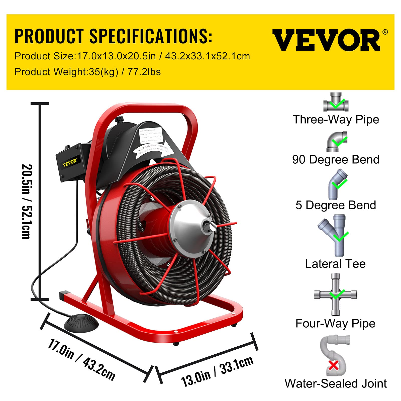 VEVOR 75FT x 1/2 Inch Drain Cleaning Machine 370W Sewer Snake Auger Cleaner Electric Clog Remover Plumbing Tool with 4 Cutters & Air-Activated Foot Switch for 1" to 4" Pipes, Red, Black - WoodArtSupply