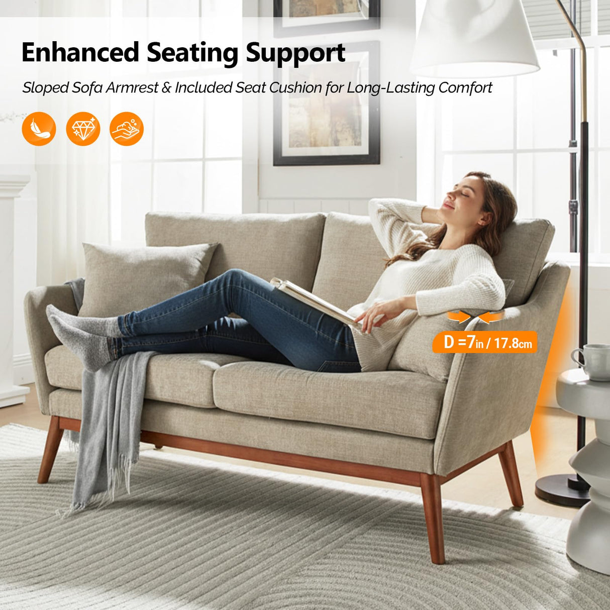 VINGLI 63.5" Comfy Small Upholstery Love Seat Couch with Soild Rubber Wood Frame, 2 Seater Mid Century Linen Fabric Loveseat Sofa, Mini Couch with Two Pillows for Small Spaces, Bedroom, Khaki VINGLI