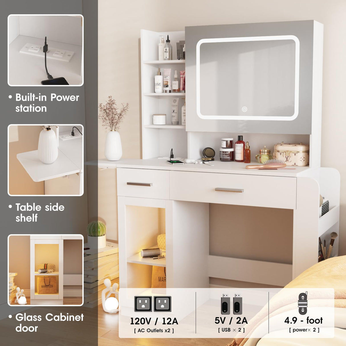 Vabches Vanity Desk with Mirror and Lights, Makeup Vanity with Charging Station, Vanity Table with Drawers, Shelves and Large Storage Cabinet for Home and Bedroom Vabches