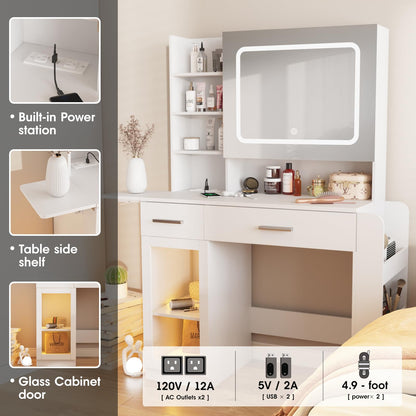 Vabches Vanity Desk with Mirror and Lights, Makeup Vanity with Charging Station, Vanity Table with Drawers, Shelves and Large Storage Cabinet for Home and Bedroom