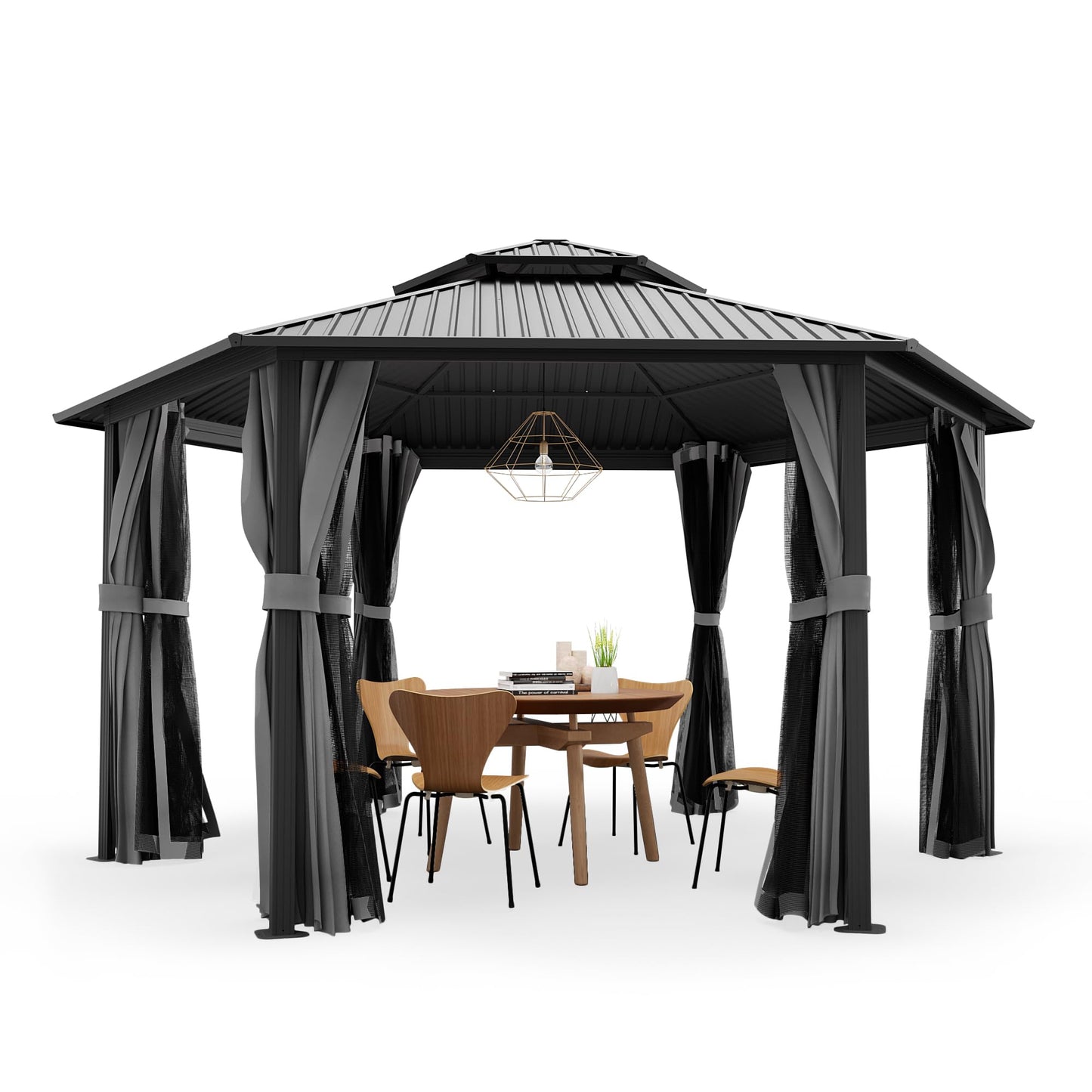 HAPPATIO 15' x 15' Hardtop Gazebo, Outdoor Hexagonal Gazebo with Galvanized Steel Roof, Aluminum Gazebo with Curtains and Netting, Metal Permanent Gazebos for Patios, Gardens, and Lawns (Gray - WoodArtSupply