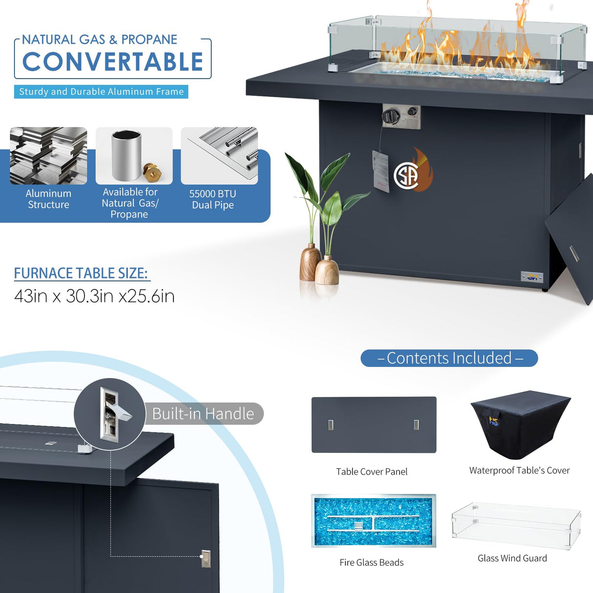 NICESOUL 5 Seat Oversized Modern Aluminum Patio Furniture Set, All Weather Rust Proof Modular Sectional Sofa with Fire Pit Table, 500 lbs Heavy Duty Comfortable Outdoor Couch for Backyard, Dark Gray NICESOUL