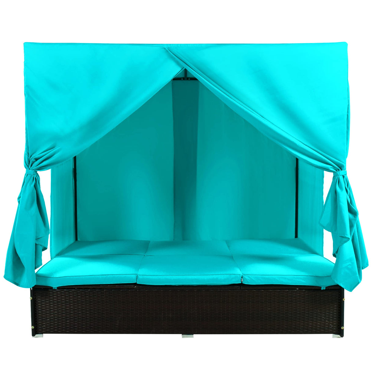 Patio Chaise Lounge, PE Rattan Outdoor Patio Wicker Sunbed Daybed with Adjustable Seats, Four-sided Canopy, Overhead Curtain and Blue Cushions for Backyard, Garden, Poolside (for 2-6 people) Harper & Bright Designs