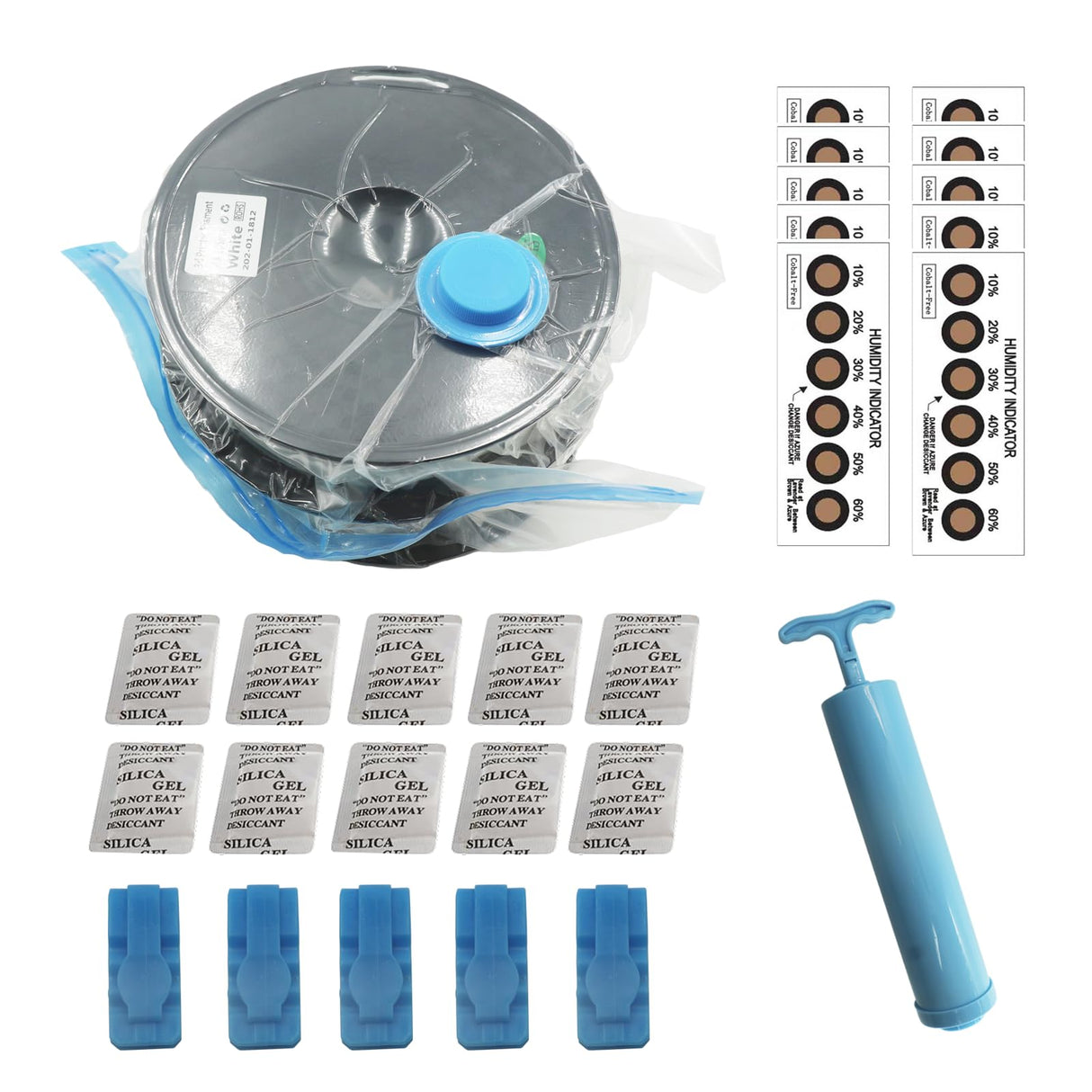 ACROSSXD Filament Storage Bag kit 36 pcs,10 Bags/Clips/Humidity Indicator Cards/Hand Pump 15.75x15.75in Filament Bags for Keeping Filament Dry for 0.5kg 1kg 2kg Spools ACROSSXD