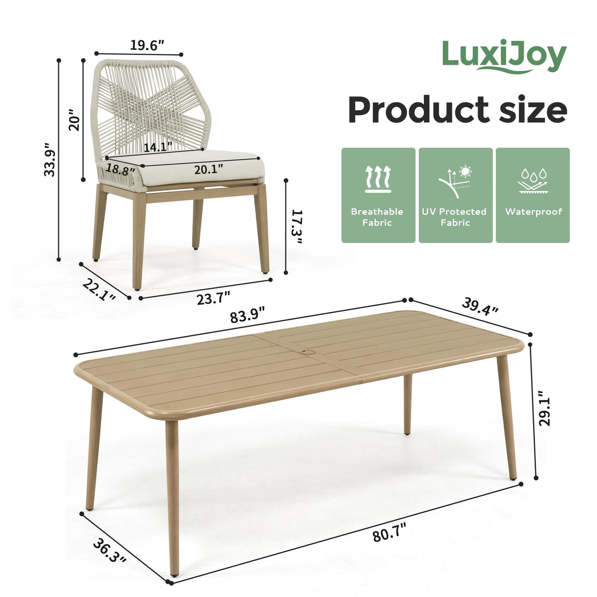LUXIJOY Patio Dining Set 9-Piece Outdoor, Wood-Grain Aluminum Table with Umbrella Hole, Outdoor Table and Chairs Set with Removable Cuhsion, Woven Rope Back Chairs for Lawn, Garden, Backyard LUXIJOY