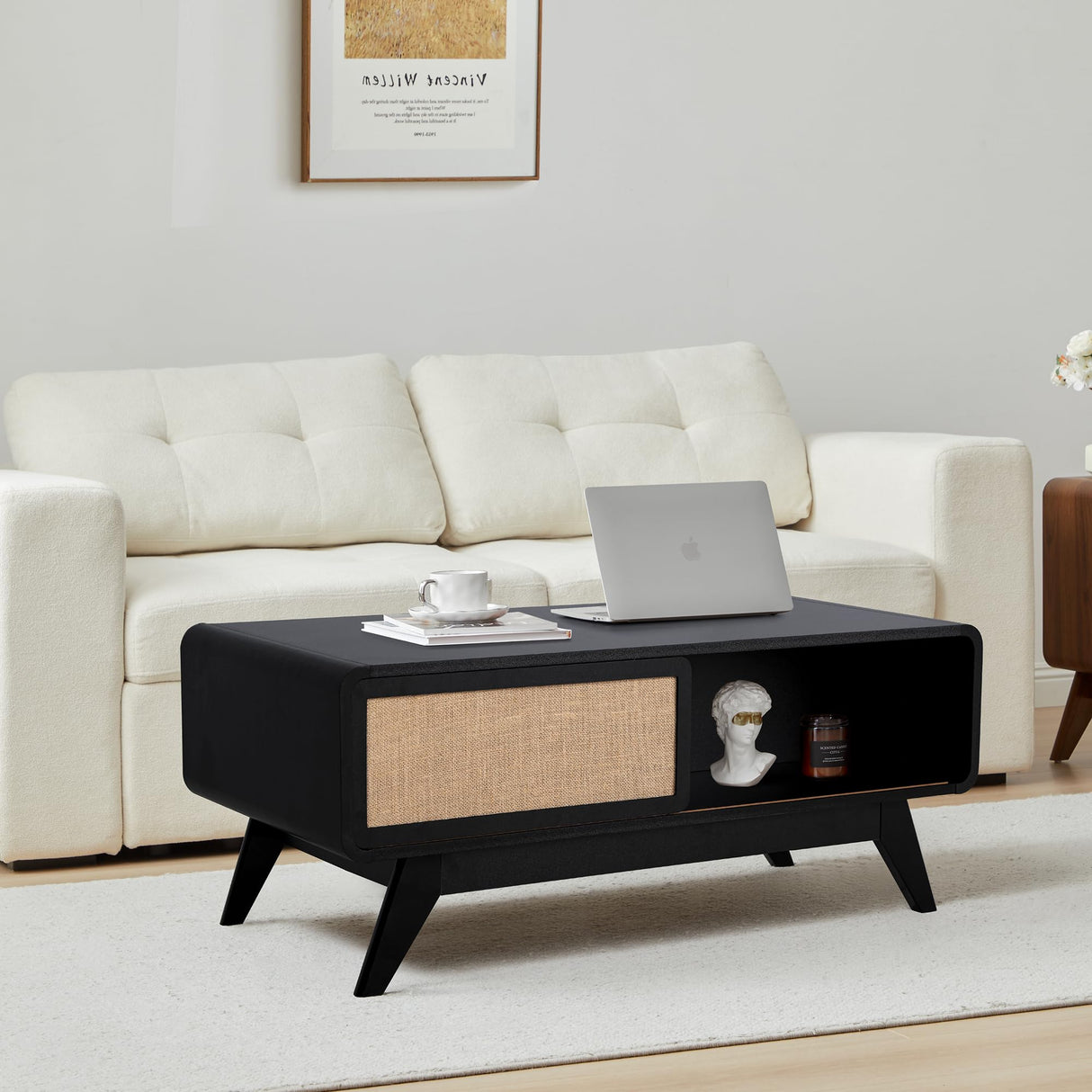 AVZEAR Mid Century Modern Coffee Table with Storage, Farmhouse Coffee Table Accent Center Tables with Sliding Linen Door Panel, Dining Table Centerpiece Decor Wood Coffee Table for Living Room, Black AVZEAR