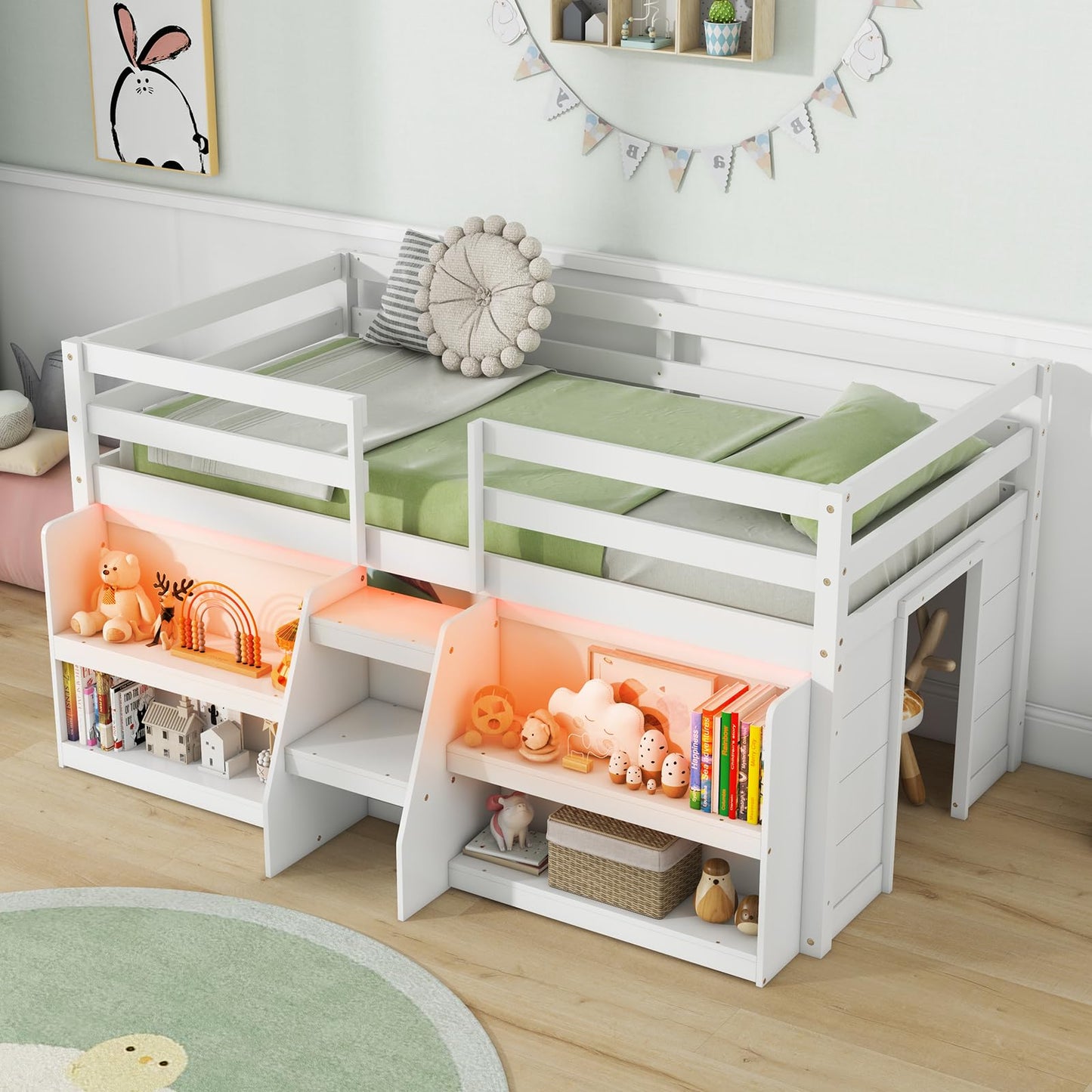 Giantex White Low Loft Bed with LED Lights, Bookcase, Storage, and Staircase for Kids - WoodArtSupply