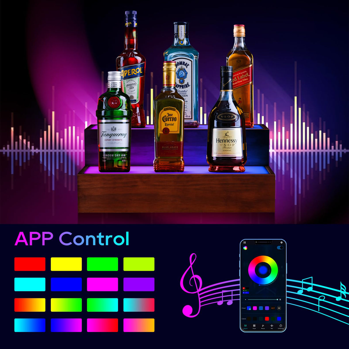 B4Life LED Lighted Liquor Bottle Display Shelf, 2 Tier 16 Inch LED Bar Shelves for Liquor Bottles, Bar Bottle Display Shelf, Lighted Liquor Shelf, Bar Lights for Liquor Shelves B4Life