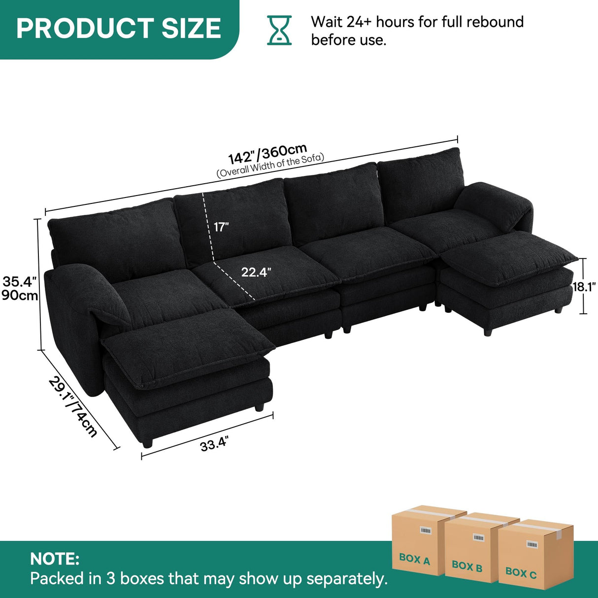 YITAHOME 142" Modular Sectional Sofa with Movable Ottoman, U Shaped Velvet Cloud Couch with Pillow-Armrest, Black YITAHOME