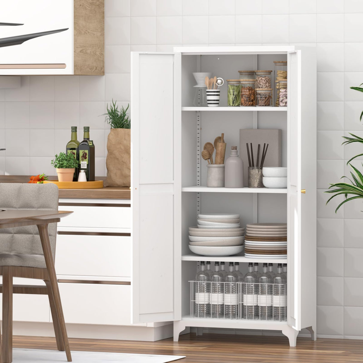 GREATMEET 65" Tall Kitchen Pantry Storage Cabinet, White Pantry Storage Cabinet, Farmhouse Metal Kitchen Cupboard with Doors for Garage, Dining Room, Living Room and Laundry GREATMEET