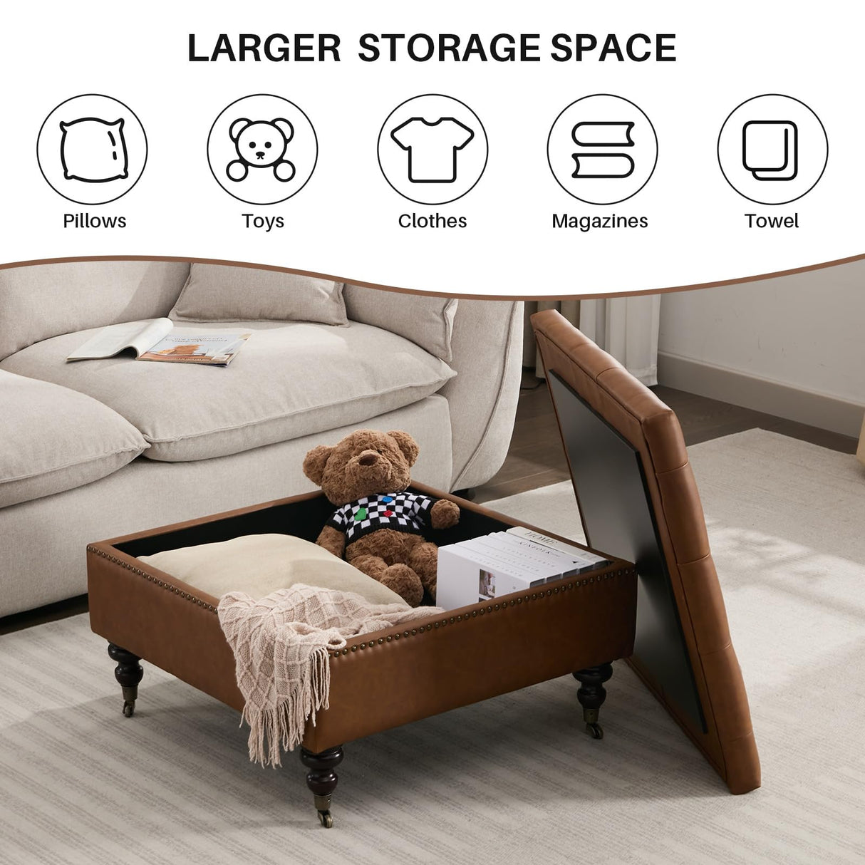 obmedin Large Square Storage Ottoman Uphlostered Tufted Button Coffee Table, Oversized Footrest Bench with Castered Rolling Wheels for Living Room, Brown Faux Leather obmedin