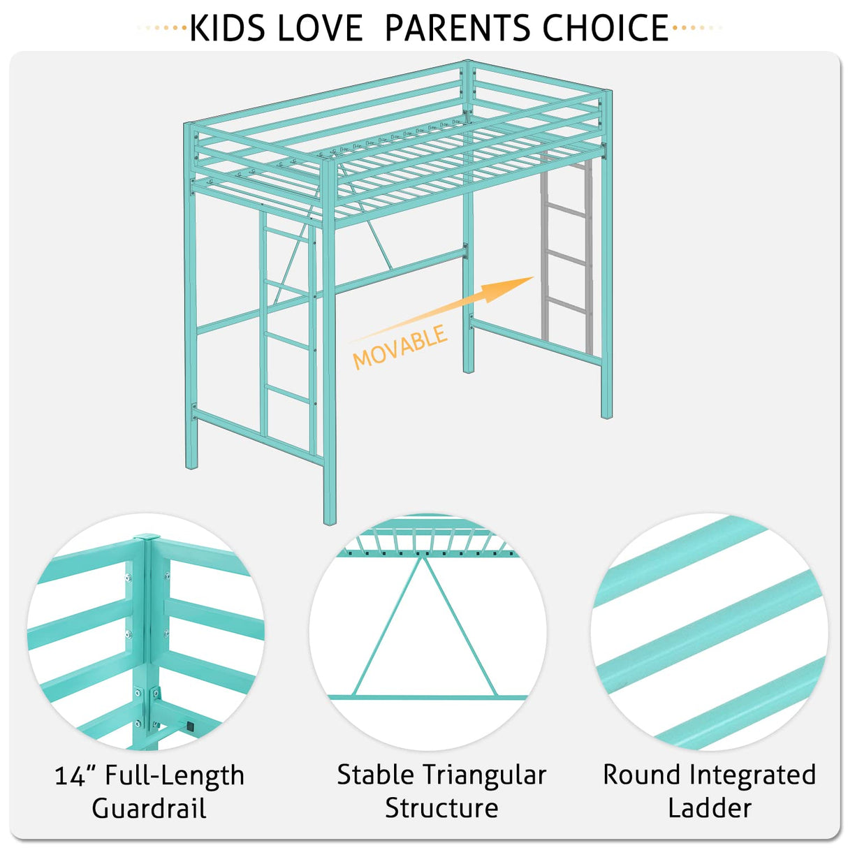SHA CERLIN Loft Bed Twin Size with Ladder and Guardrail,Heavy Duty Metal Slats Support No Box Spring Needed Small Space Saving Furniture for Bedroom Dorm,Aqua Blue SHA CERLIN