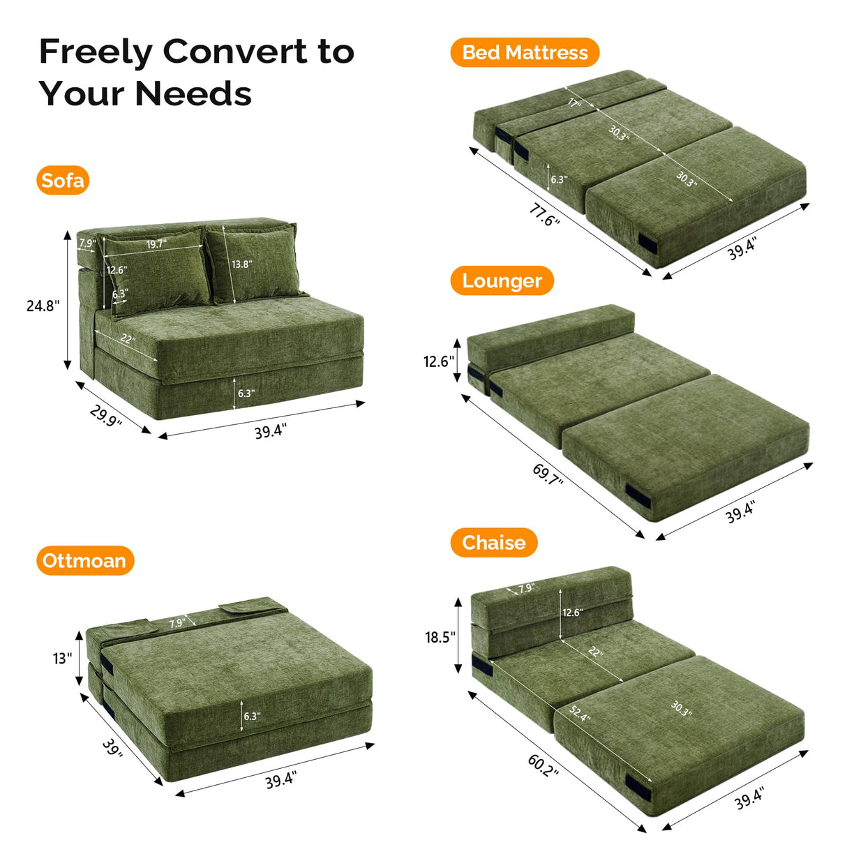 VINGLI Futon Sofa Bed Sleeper Sofa Chair Bed Floor Sofa Twin Small Couch Folding Mattress Couches for Living Room Floor Chair Freestanding RV Futon Couch for Indoor and Outdoor (Olive Green) VINGLI