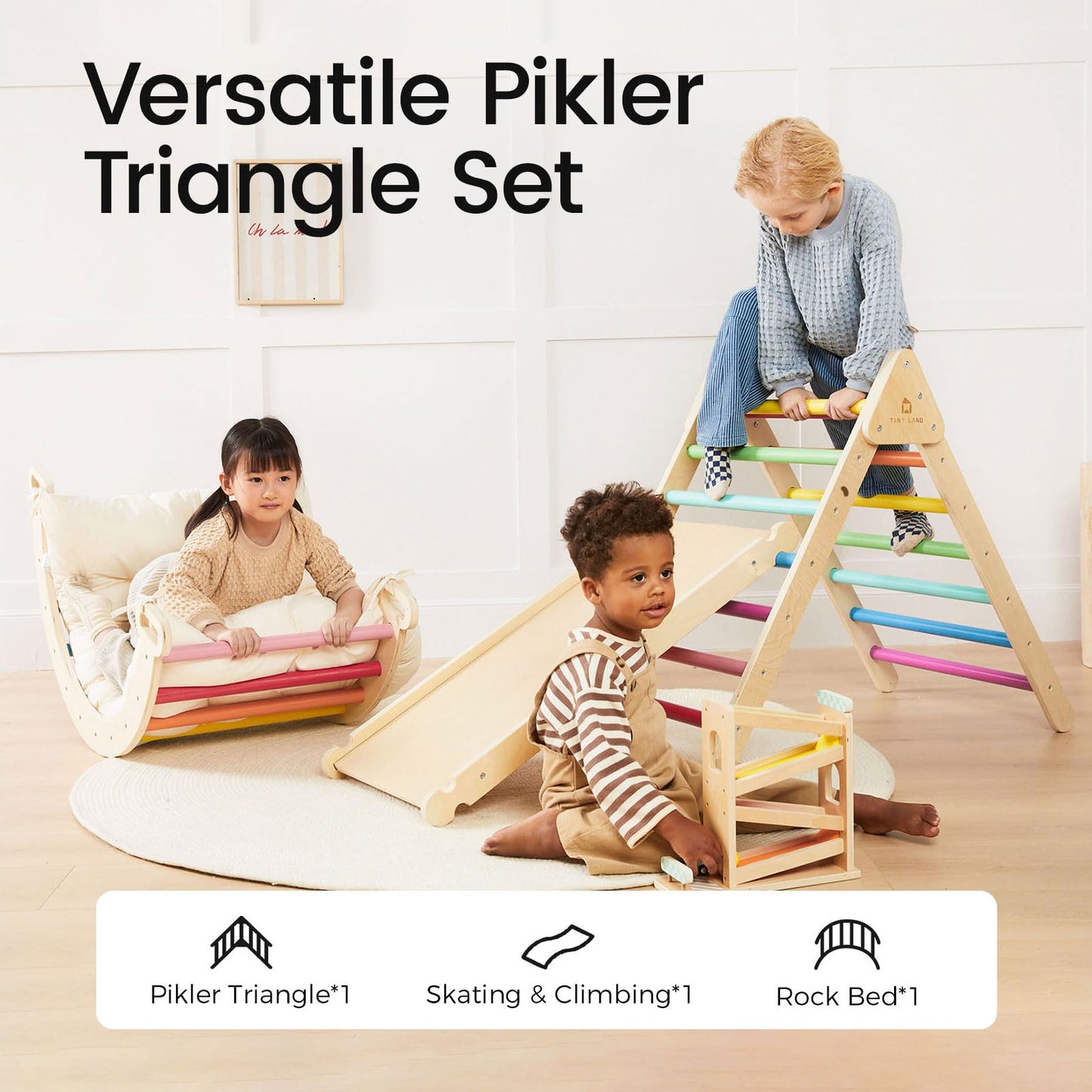 Tiny Land Pikler Triangle Set, 7-in-1 Foldable Pikler Triangle Climbing Toys Set for Kids,Rainbow Climbing Set,Baby Indoor Playground Jungle Gym, Wooden Montessori Climbing Set for Toddler