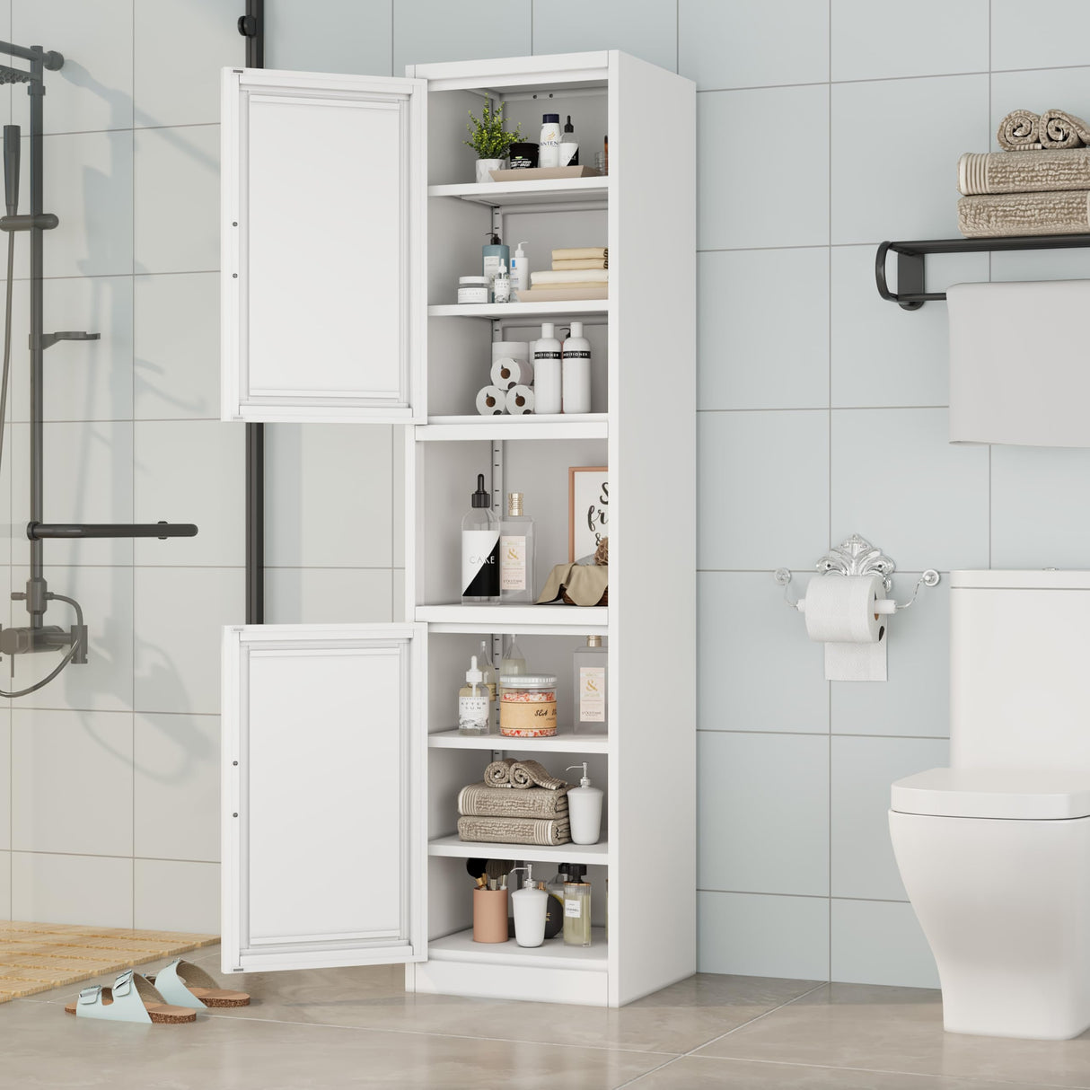 Ckzbx Tall Narrow Storage Cabinet 66.93" H Tall Bathroom Cabinets Metal Pantry Cabinet, 4 Adjustable Shelves for Kitchen, Home Office, Living Room, Dinning Room (16 inches Wide White) Ckzbx