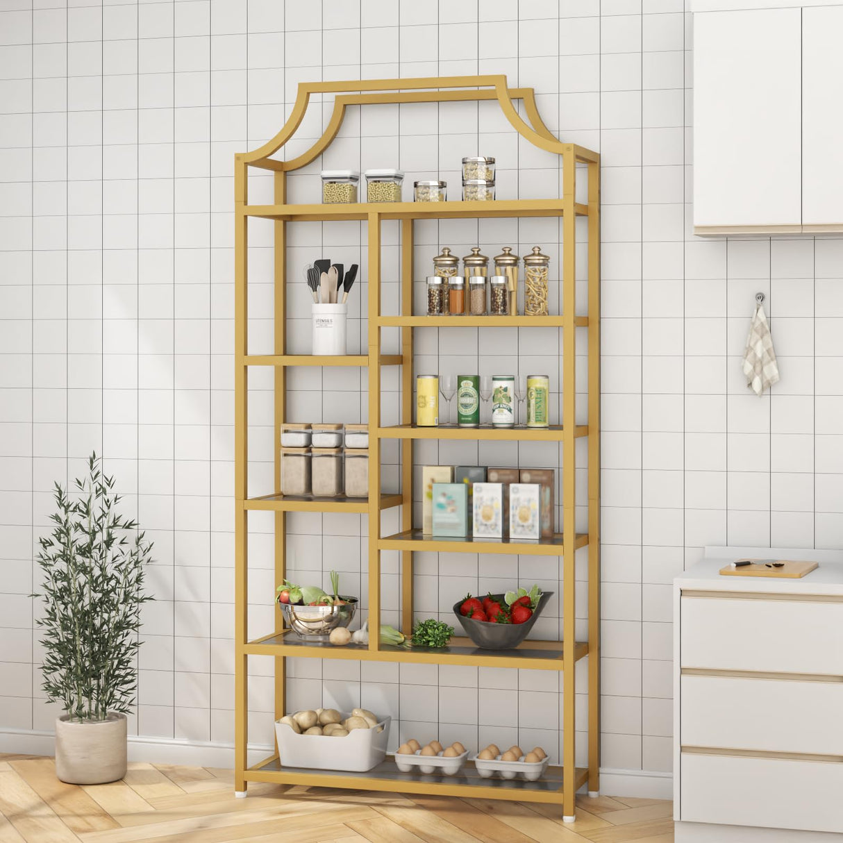 Loomie 8-Open Shelf Bookshelf, 70.87" H x 31.5" L Lux Etagere, Tempered Glass Bookcase, Tall Storage Display Modern Open Book Case for Bedroom, Home Office & Living Room, Gold Finish & Glass Shelving Loomie