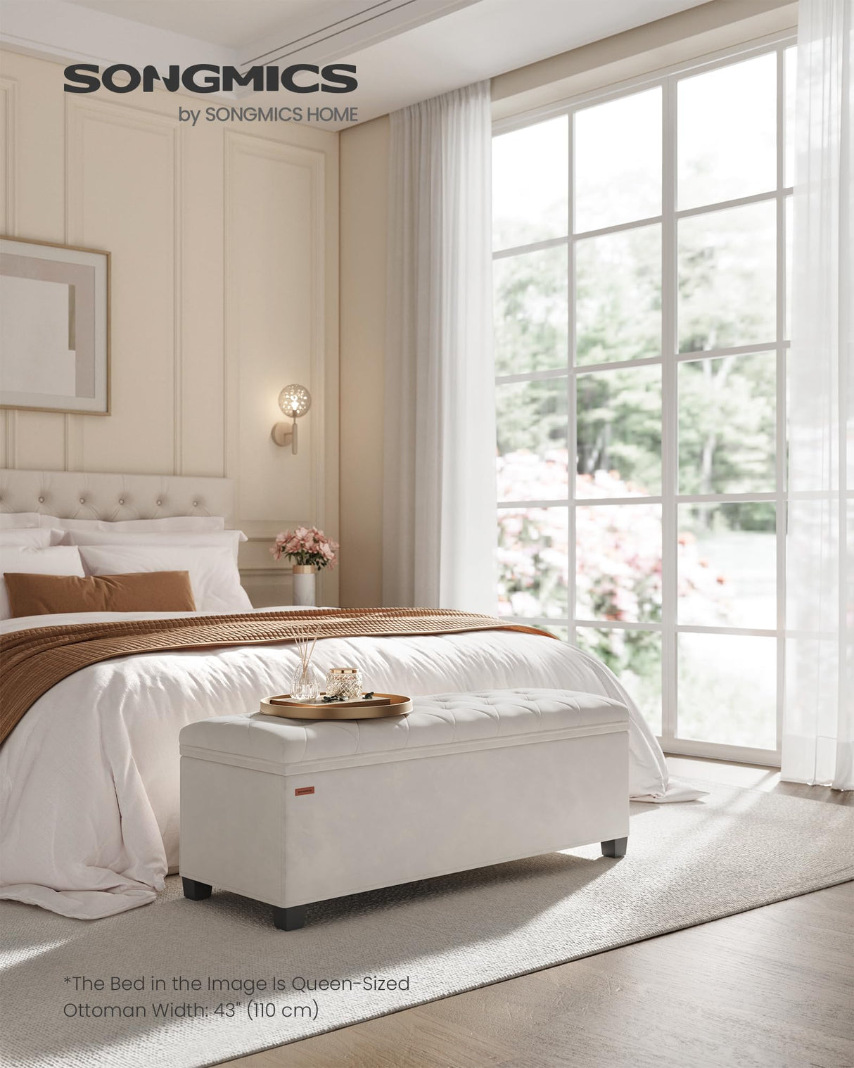 SONGMICS Velvet Storage Ottoman Bench, Foot Rest with Legs, 15.7 x 43 x 15.7 Inches, End of Bed Bench, Storage Chest, Load up to 660 lb, for Living Room, Bedroom, Entryway, Cream White ULSF089W01 SONGMICS