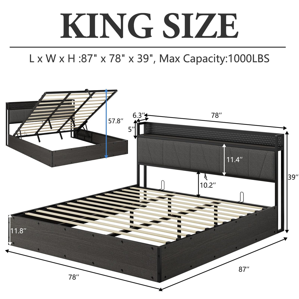 Albott King Size Lift Up Storage Bed Frame, Modern RGB LED Light Platform Bed Frame with Charging Station/Linen Upholstered Headboard/No Box Spring Needed, Black Albott