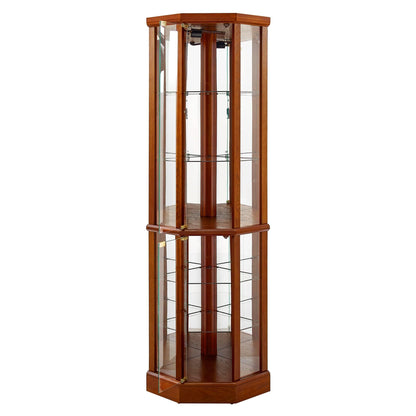 TAMUBAKS Lighted Corner Display Curio Cabinet Wooden Curved Shelving Unit with Tempered Glass Door, Bar and Liquor Storage Area with 6 Shelves - Mirror Back (Oak) - WoodArtSupply