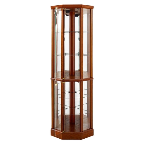 TAMUBAKS Lighted Corner Display Curio Cabinet Wooden Curved Shelving Unit with Tempered Glass Door, Bar and Liquor Storage Area with 6 Shelves - Mirror Back (Oak) TAMUBAKS