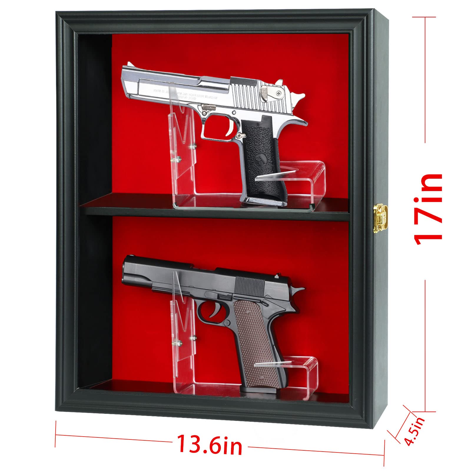 HOROW 2 Handgun Pistol Revolver Gun Display Case Wall Mount Lockable Black Felt Wood Cabinet w/ 98% UV Protection Acrylic Clear Door Gun Shadow Box Stand Rack Holder - WoodArtSupply