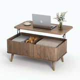 JOINICE Lift Top Coffee Table with Storage, Mid Century Modern Fluted Wood Design,Pop-Up Walnut Center Table with Hidden Compartment for Living Room & Home Office Work/Dining JOINICE
