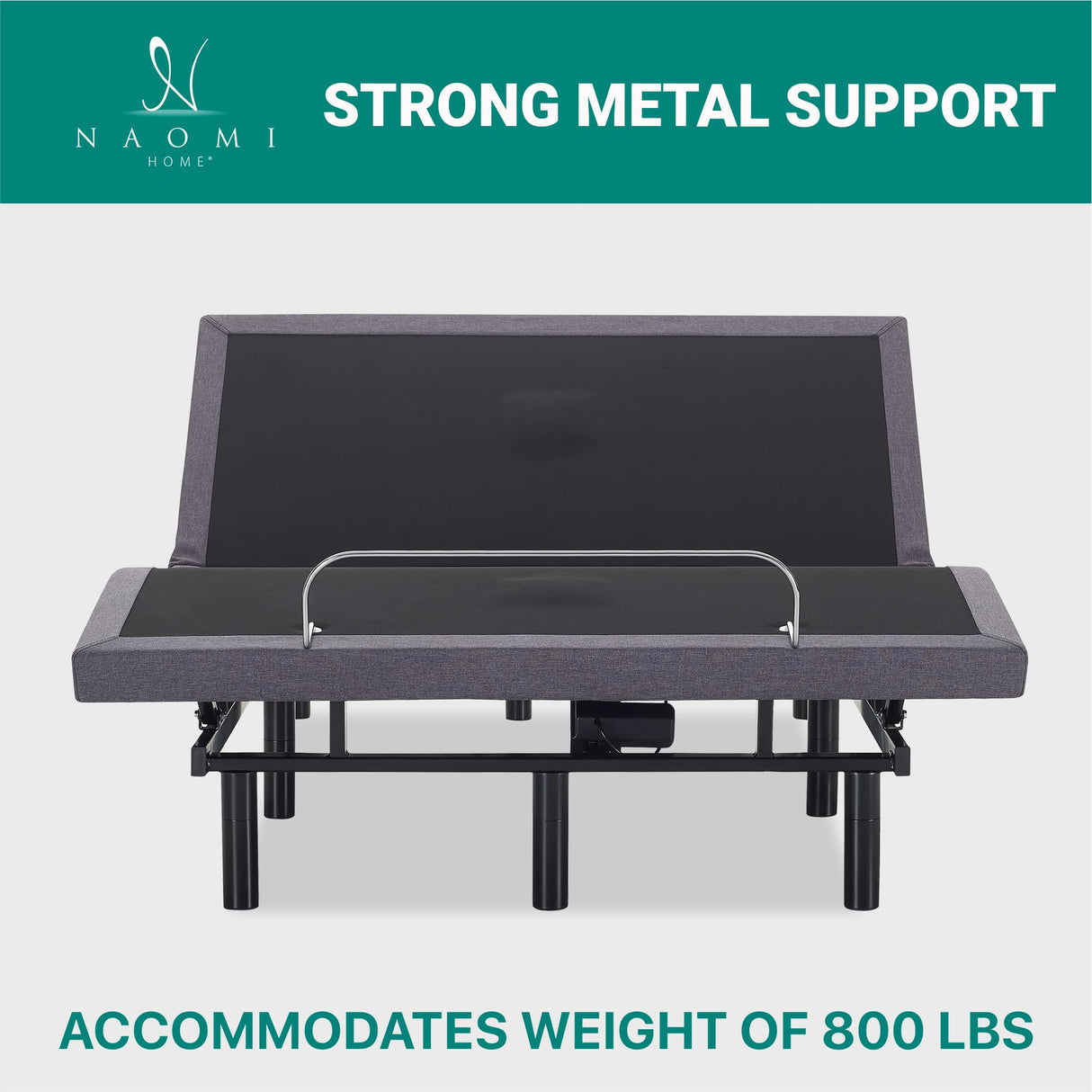 Naomi Home Idealbase Split King Adjustable Bed Base with Massage, USB Ports, Under-Bed Light, Wireless Remote, 800 Lb Capacity, Gray Metal Frame, Easy Setup for Couples’ Personalized Comfort Naomi Home