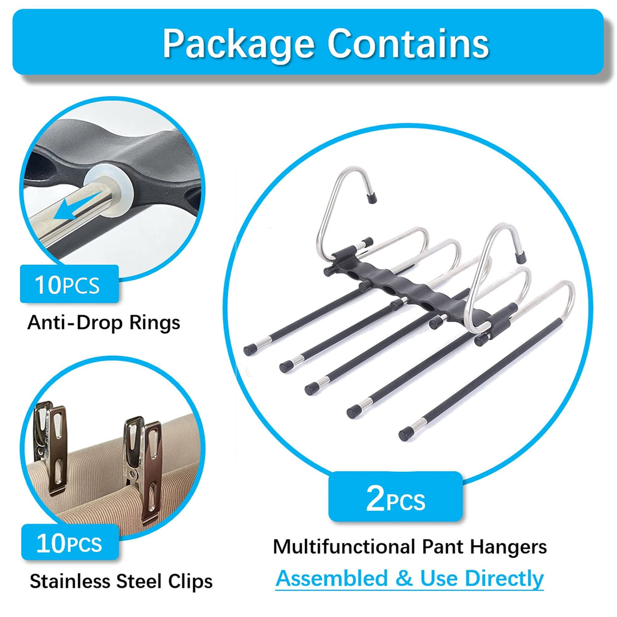 Magic Pants Hangers Space Saving - 2 Pack for Closet Multiple Layers Multifunctional Uses Rack Organizer for Trousers Scarves Slack (2 Pack with 10 Metal Clips) FeeraHozer