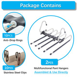 Magic Pants Hangers Space Saving - 2 Pack for Closet Multiple Layers Multifunctional Uses Rack Organizer for Trousers Scarves Slack (2 Pack with 10 Metal Clips) FeeraHozer